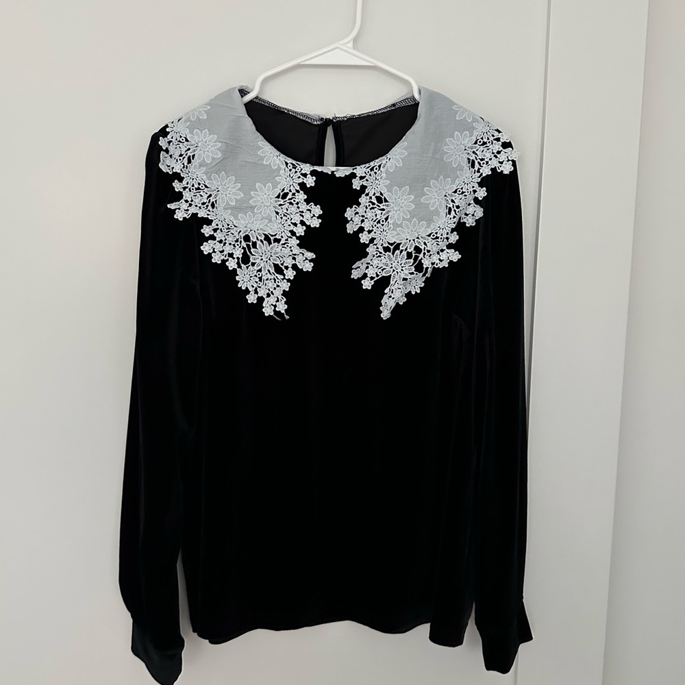Black velvet textured shirt with lace collar